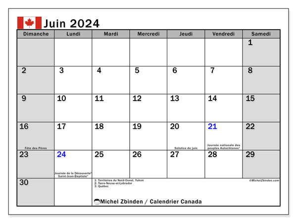 Kalender juni 2024, Canada (FR). Gratis printbaar schema.