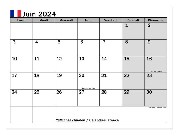 Kalender Juni 2024, Frankreich (FR). Plan zum Ausdrucken kostenlos.