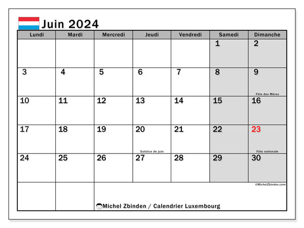 Kalender Juni 2024, Luxemburg (FR). Plan zum Ausdrucken kostenlos.
