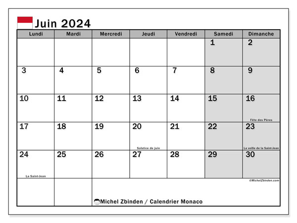 Kalendarz czerwiec 2024, Monako (FR). Darmowy dziennik do druku.