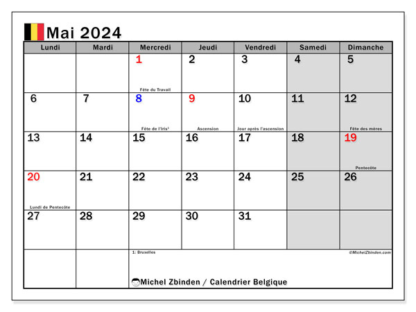 Kalender mei 2024, België (FR). Gratis printbaar schema.
