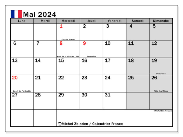 Kalender Mai 2024, Frankreich (FR). Plan zum Ausdrucken kostenlos.