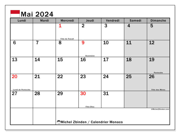 Kalender maj 2024, Monaco (FR). Gratis kalender som kan skrivas ut.