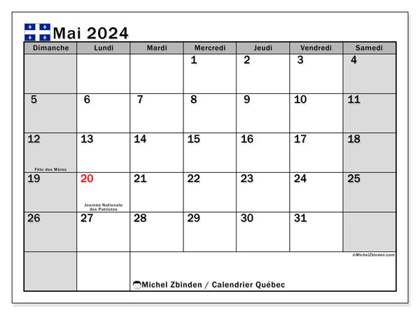 Kalendarz maj 2024, Quebec (FR). Darmowy dziennik do druku.