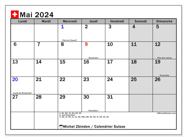 Kalender maj 2024, Schweiz (FR). Gratis kalender som kan skrivas ut.