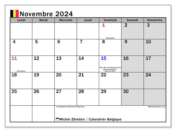 Kalender november 2024, Belgien (FR). Gratis karta som kan skrivas ut.