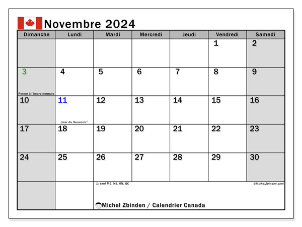 Kalendarz listopad 2024, Kanada (FR). Darmowy kalendarz do druku.