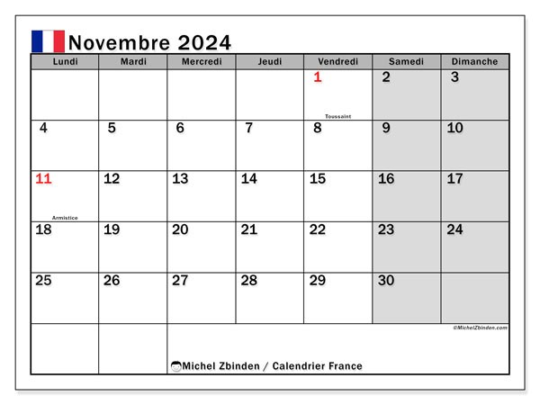 Kalenteri marraskuu 2024, Ranska (FR). Ilmainen tulostettava aikataulu.