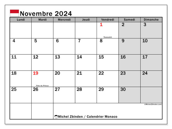 Kalendarz listopad 2024, Monako (FR). Darmowy kalendarz do druku.