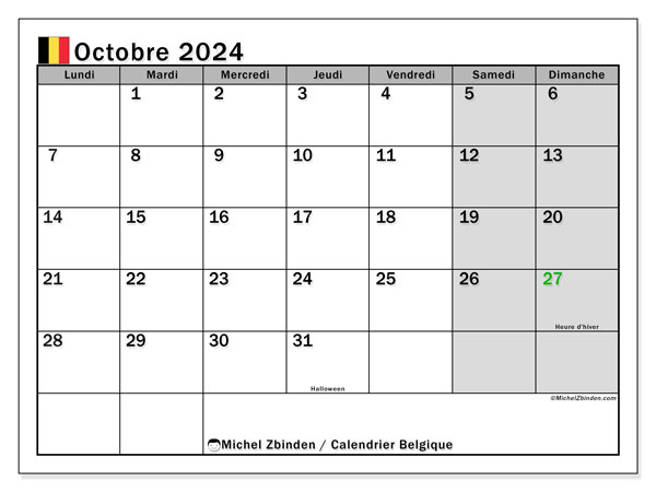 Kalender oktober 2024, Belgien (FR). Schema för gratis utskrift.
