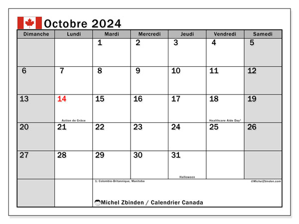Kalender Oktober 2024, Kanada (FR). Programm zum Ausdrucken kostenlos.
