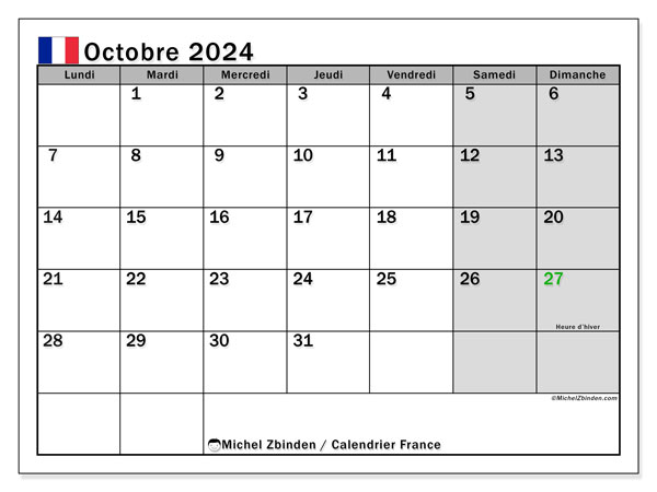 Kalender Oktober 2024, Frankreich (FR). Programm zum Ausdrucken kostenlos.
