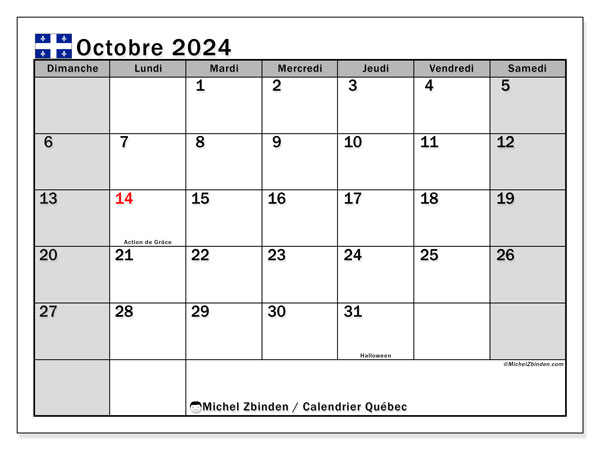 Kalender Oktober 2024, Quebec (FR). Programm zum Ausdrucken kostenlos.