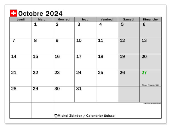 Calendario ottobre 2024, Svizzera (FR). Piano da stampare gratuito.