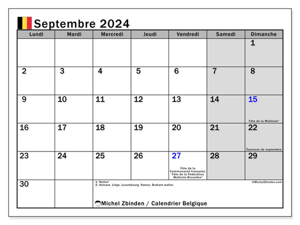Kalendarz wrzesień 2024, Belgia (FR). Darmowy program do druku.