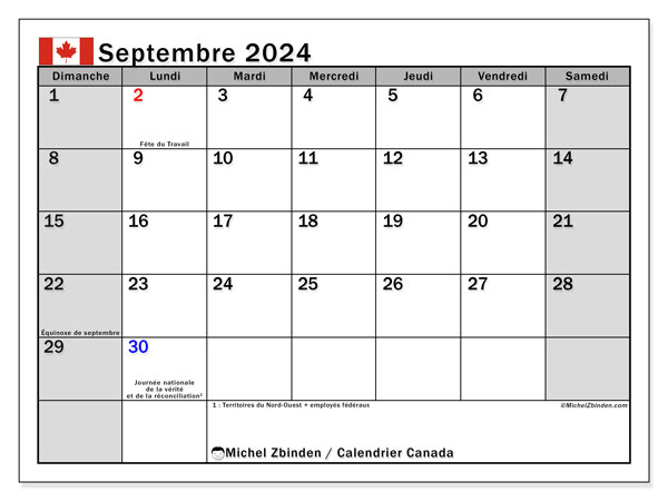 Kalender September 2024, Kanada (FR). Programm zum Ausdrucken kostenlos.