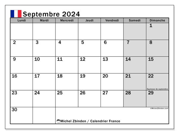 Kalender September 2024, Frankreich (FR). Programm zum Ausdrucken kostenlos.