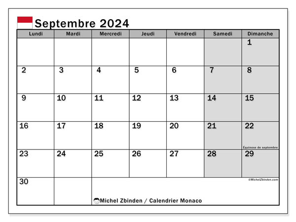 Kalender September 2024, Monaco (FR). Programm zum Ausdrucken kostenlos.