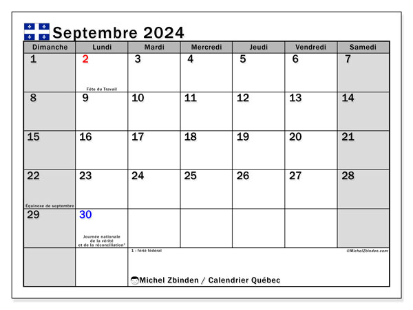 Kalendarz wrzesień 2024, Quebec (FR). Darmowy program do druku.