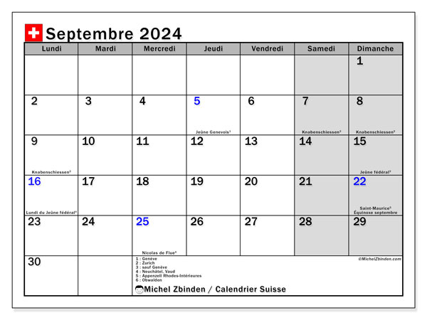 Kalender september 2024, Schweiz (FR). Schema för gratis utskrift.