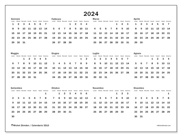 Calendario annuale 2024 “32”. Orario da stampare gratuito.. Da lunedì a domenica