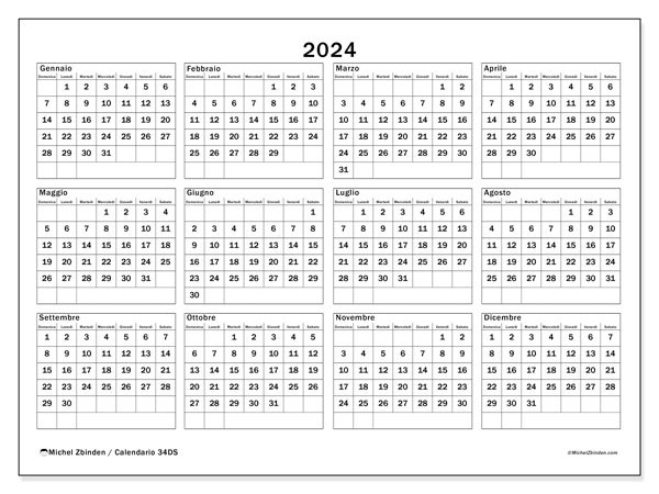 Calendario annuale 2024 “34”. Programma da stampare gratuito.. Da domenica a sabato