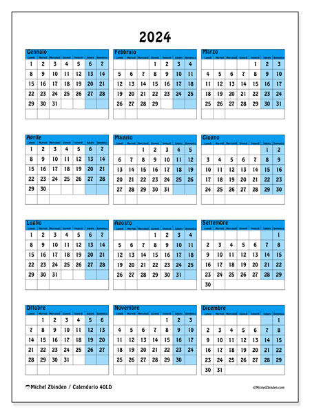 Calendario annuale 2024 “40”. Programma da stampare gratuito.. Da lunedì a domenica
