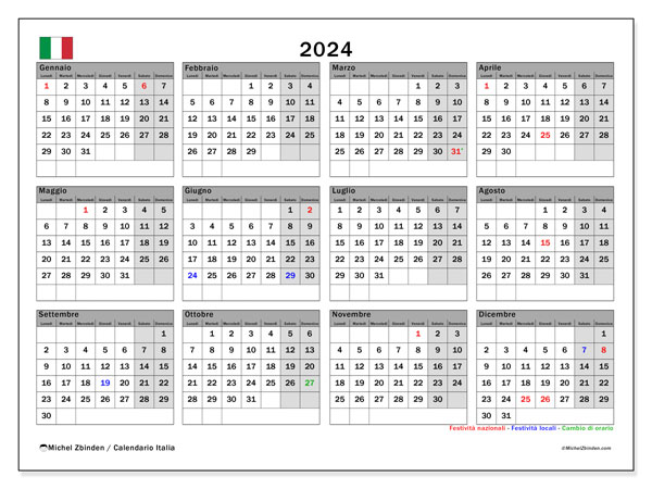 Kalender 2024, Italien (IT). Schema för gratis utskrift.