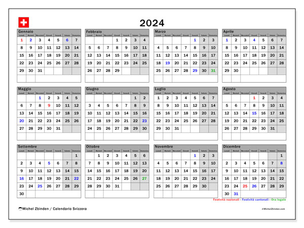 Kalender 2024, Zwitserland (IT). Gratis af te drukken agenda.