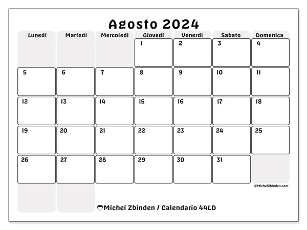 Calendario da stampare, agosto 2024, 44LD