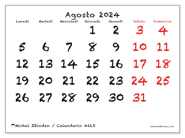 Calendario agosto 2024 “46”. Programma da stampare gratuito.. Da lunedì a domenica