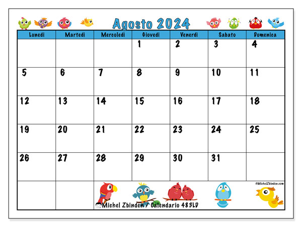 Calendario agosto 2024 “483”. Piano da stampare gratuito.. Da lunedì a domenica
