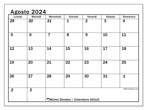 Calendario agosto 2024 “501”. Calendario da stampare gratuito.. Da lunedì a domenica