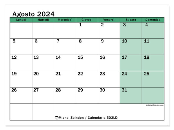 Calendario agosto 2024, 503LD. Calendario da stampare gratuito.
