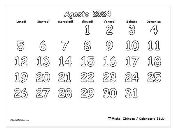 Calendario agosto 2024 “56”. Piano da stampare gratuito.. Da lunedì a domenica