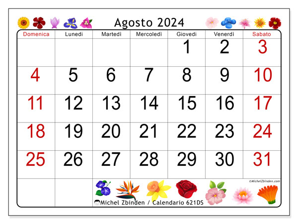 Calendario agosto 2024, 621DS. Calendario da stampare gratuito.