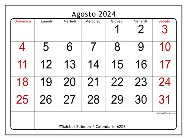 Calendario agosto 2024 “62”. Piano da stampare gratuito.. Da domenica a sabato