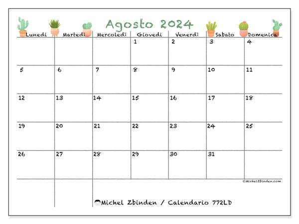 Calendario agosto 2024 “772”. Orario da stampare gratuito.. Da lunedì a domenica