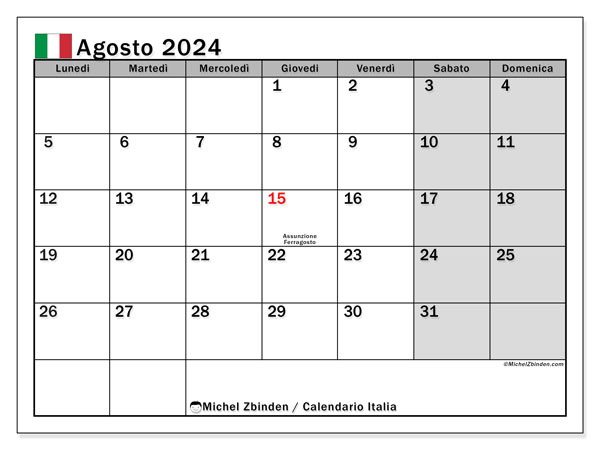 Kalender augusti 2024, Italien (IT). Schema för gratis utskrift.