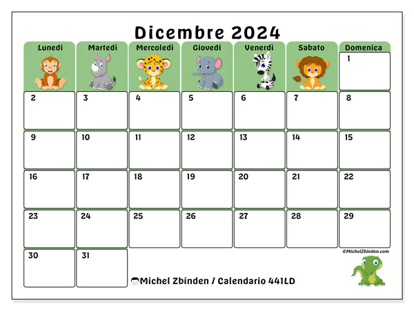 Calendario dicembre 2024 “441”. Piano da stampare gratuito.. Da lunedì a domenica