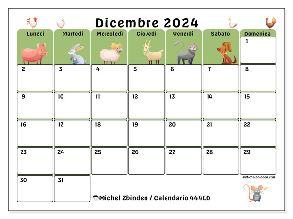 Calendario dicembre 2024 “444”. Calendario da stampare gratuito.. Da lunedì a domenica