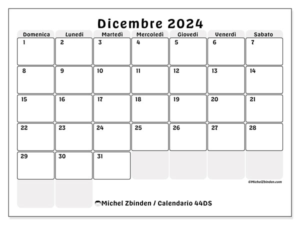 Calendario dicembre 2024 “44”. Calendario da stampare gratuito.. Da domenica a sabato