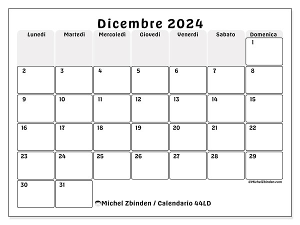 Calendario dicembre 2024 “44”. Calendario da stampare gratuito.. Da lunedì a domenica