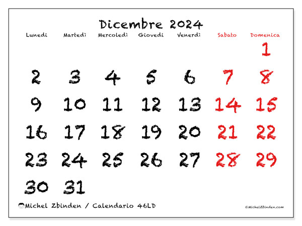 Calendario dicembre 2024 “46”. Calendario da stampare gratuito.. Da lunedì a domenica