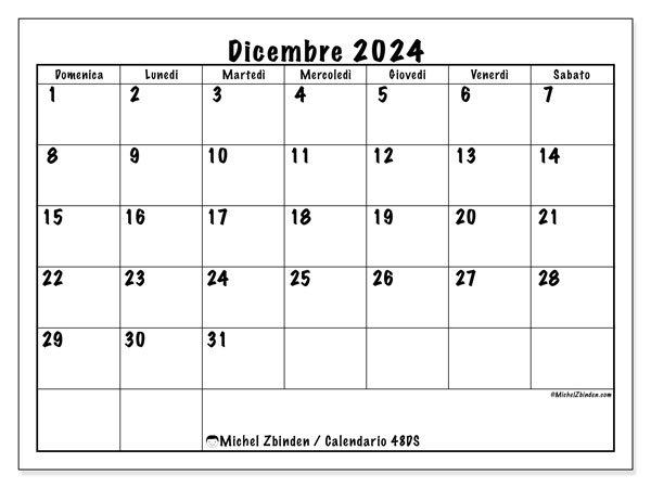 Calendario dicembre 2024 “48”. Orario da stampare gratuito.. Da domenica a sabato