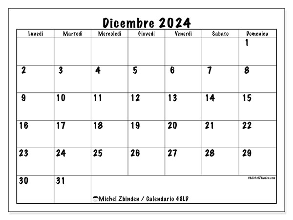 Calendario dicembre 2024 “48”. Orario da stampare gratuito.. Da lunedì a domenica