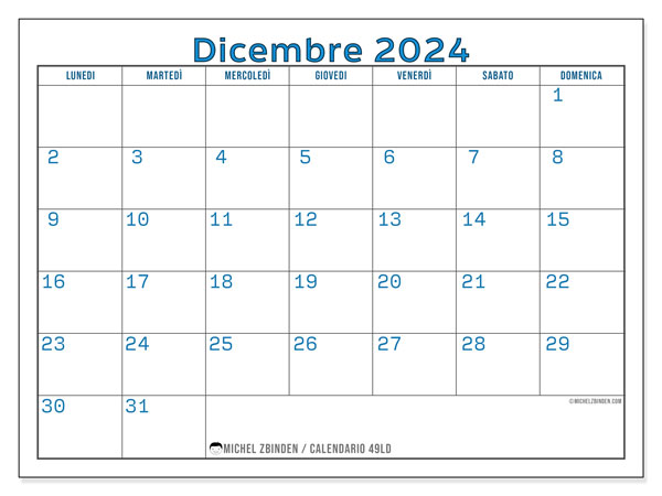 Calendario dicembre 2024, 49LD. Piano da stampare gratuito.