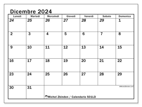 Calendario dicembre 2024, 501DS. Piano da stampare gratuito.