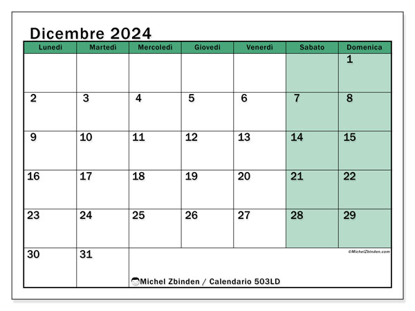 Calendario dicembre 2024, 503LD. Piano da stampare gratuito.