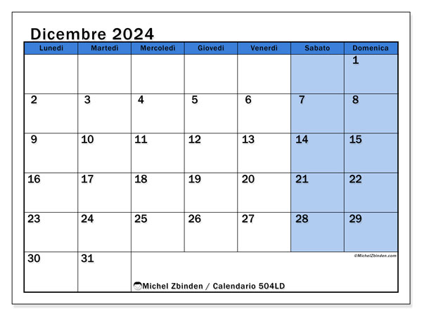 Calendario dicembre 2024 “504”. Orario da stampare gratuito.. Da lunedì a domenica